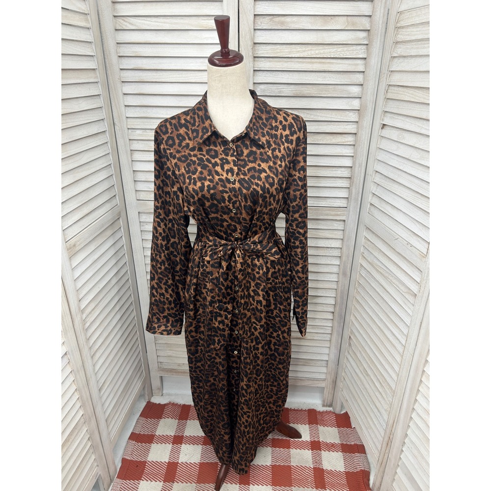 Talbots Shirt Midi Dress Size 14 Brown Leopard Print Button Front Collared Satin